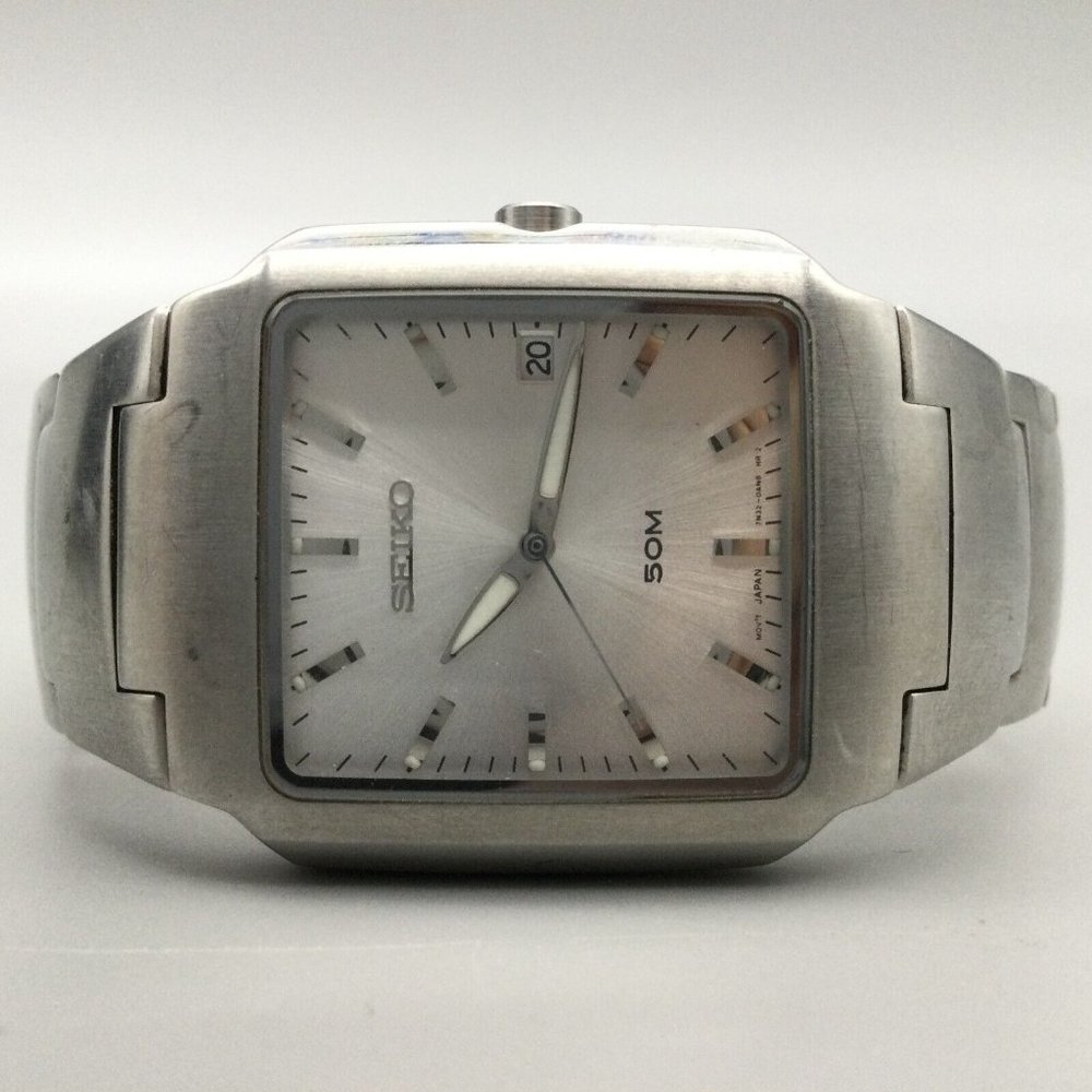 Seiko Watch Men Silver Tone Date 50M Recangle Dial 7N32-0AL0 New Battery 6.75" - Picture 6 of 11